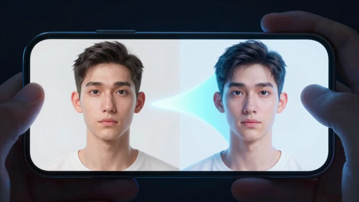Abstract before-and-after of a generic illustrated face being swapped on a phone screen, Vodu AI dark violet interface, no real person