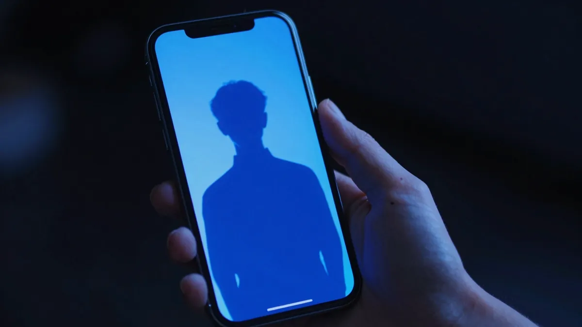 Hand holding an iPhone showing a plain selfie being restyled into a polished AI portrait in the Vodu AI app