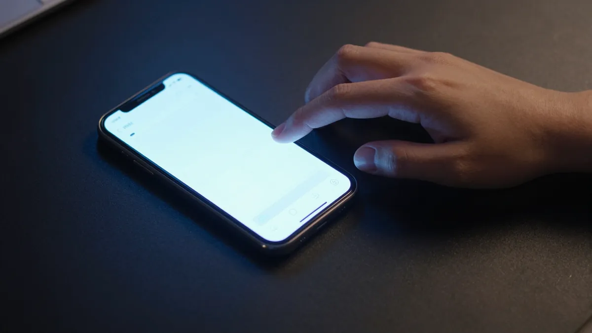 Overhead view of hands writing a shot-by-shot video script in a notes app on a phone, warm violet Vodu AI lighting