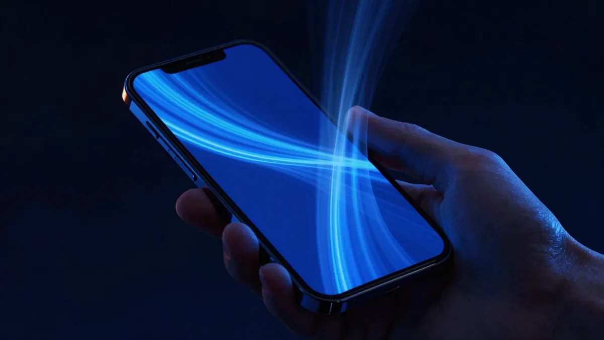 Hand holding an iPhone running Vodu AI, animating a still photo into a short video with image-to-video