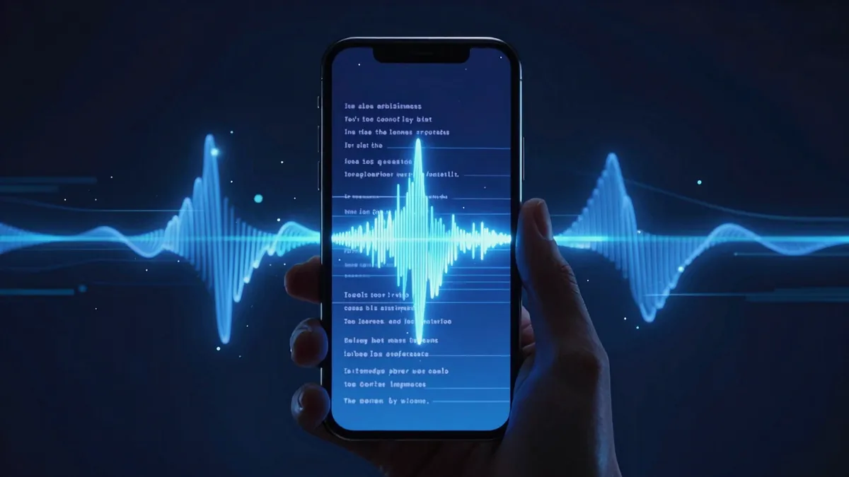 Hand holding an iPhone showing a glowing animated background with lines of lyric text appearing in time with music, Vodu AI dark violet interface