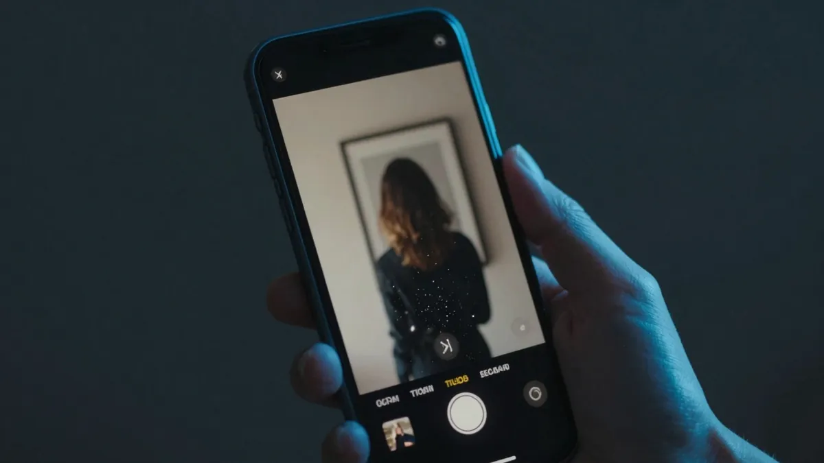 Close-up of an iPhone in hand showing a still portrait being animated into gentle motion in the Vodu AI app