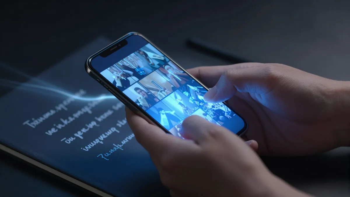Person holding an iPhone with a written script on one side and generated video shots on the other, in the Vodu AI app